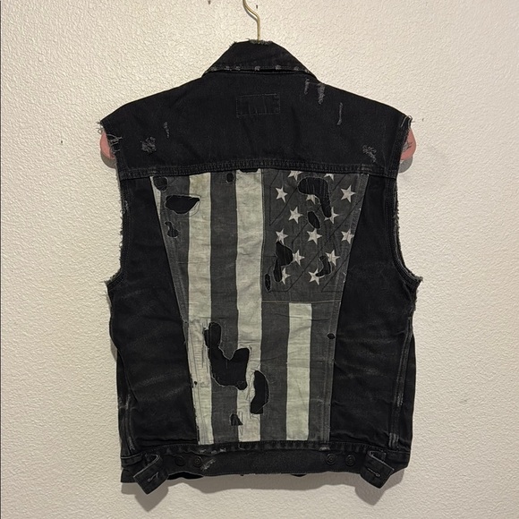 Ralph Lauren Denim Supply Distressed Black Jean Denim Vest American Flag Size - Picture 5 of 6